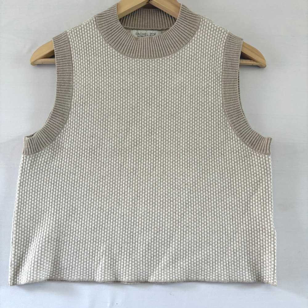 Rachel Zoe Tan White Checkered Knit Sweater Vest Sleeveless Crew Neck Womens M